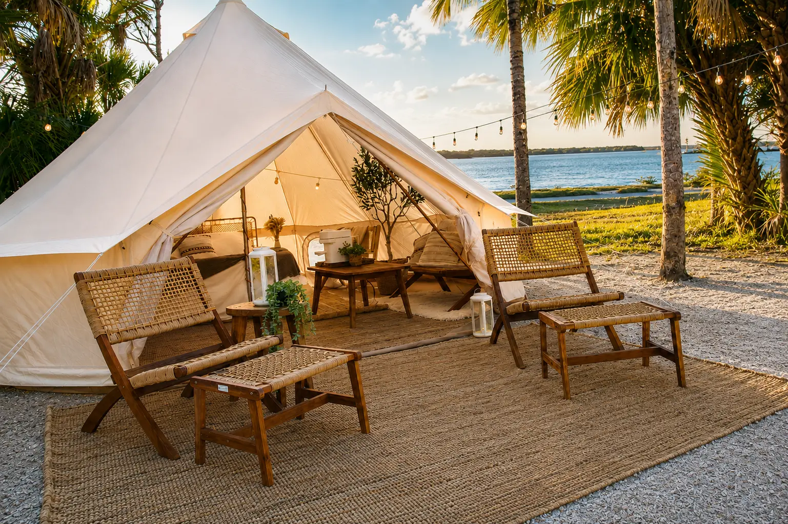 Glamping tent at sunset