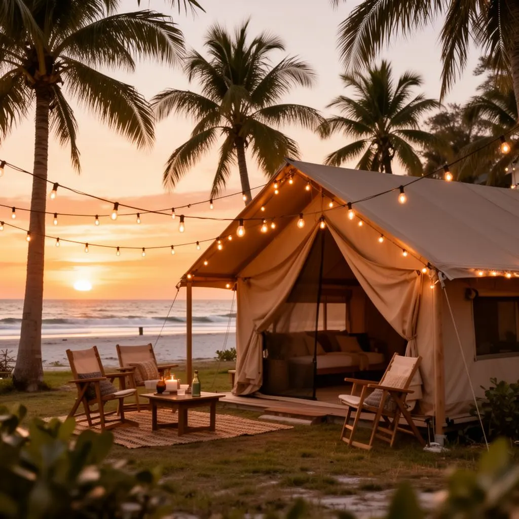 Glamping tent at sunset