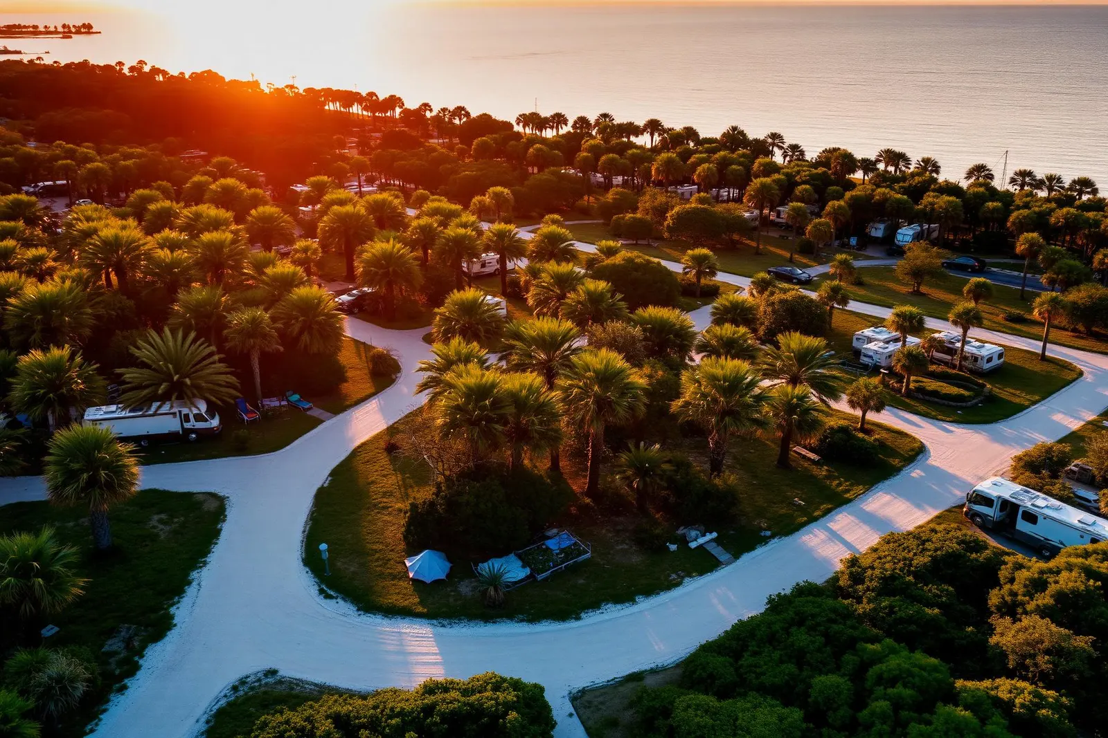Aerial view of Fort De Soto campground at sunset